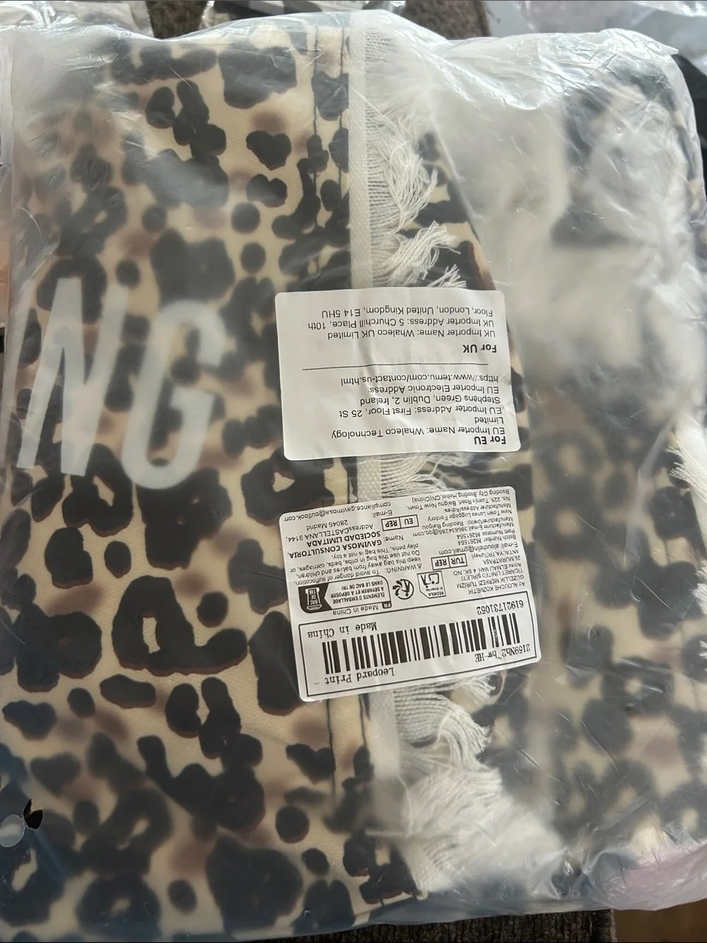 Leopard Print Fringe Tote Bag with 'EVERYTHING' Lettering - Black & Cream